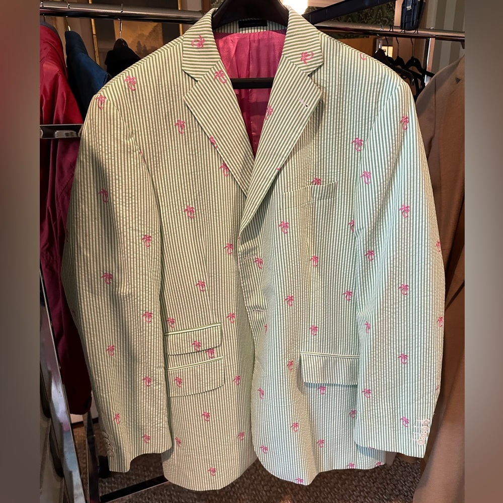 Lilly Pulitzer green seersucker jacket with embroidered palm trees